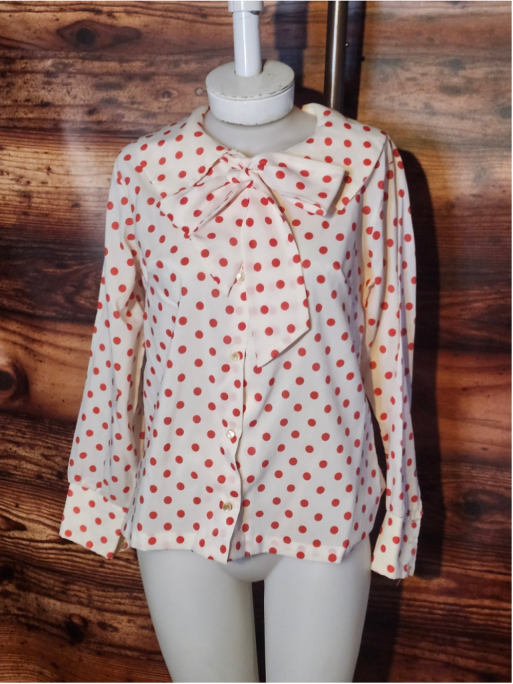 Women's Unbranded Vintage Polka Dot Blouse with Bow Collar, M, White Red 1950's